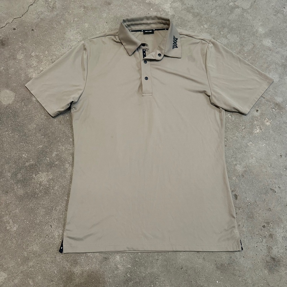 PXG Golf Polo Shirt Mens Small Tan Short Sleeve Performance Stretch Snap Button
